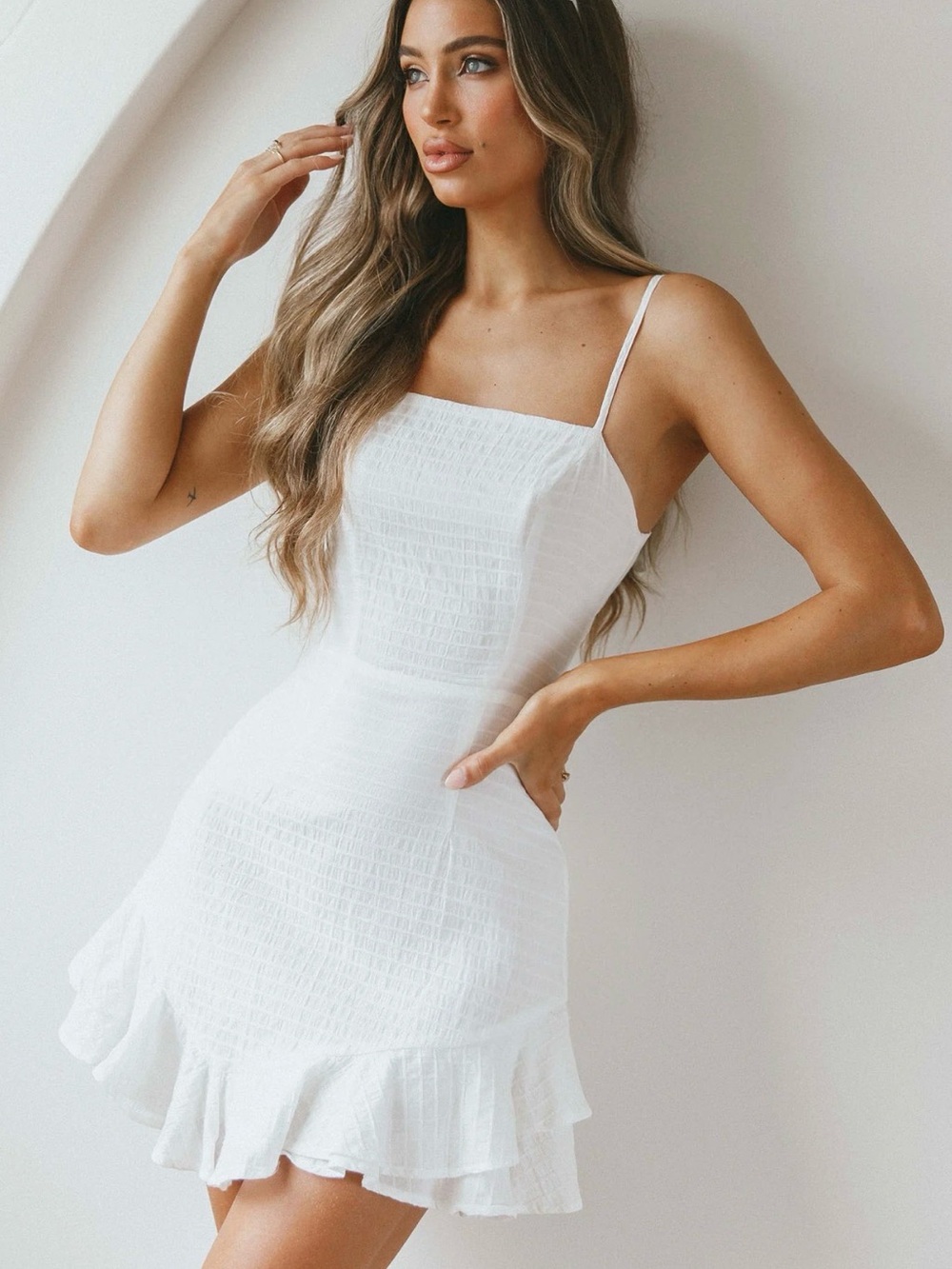 Selfie Leslie White Spaghetti Strap Ruffle-Hem Mini Dress